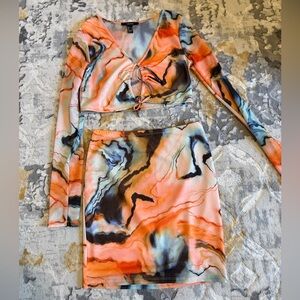 Forever 21 Orange and Black Abstract Skirt Set